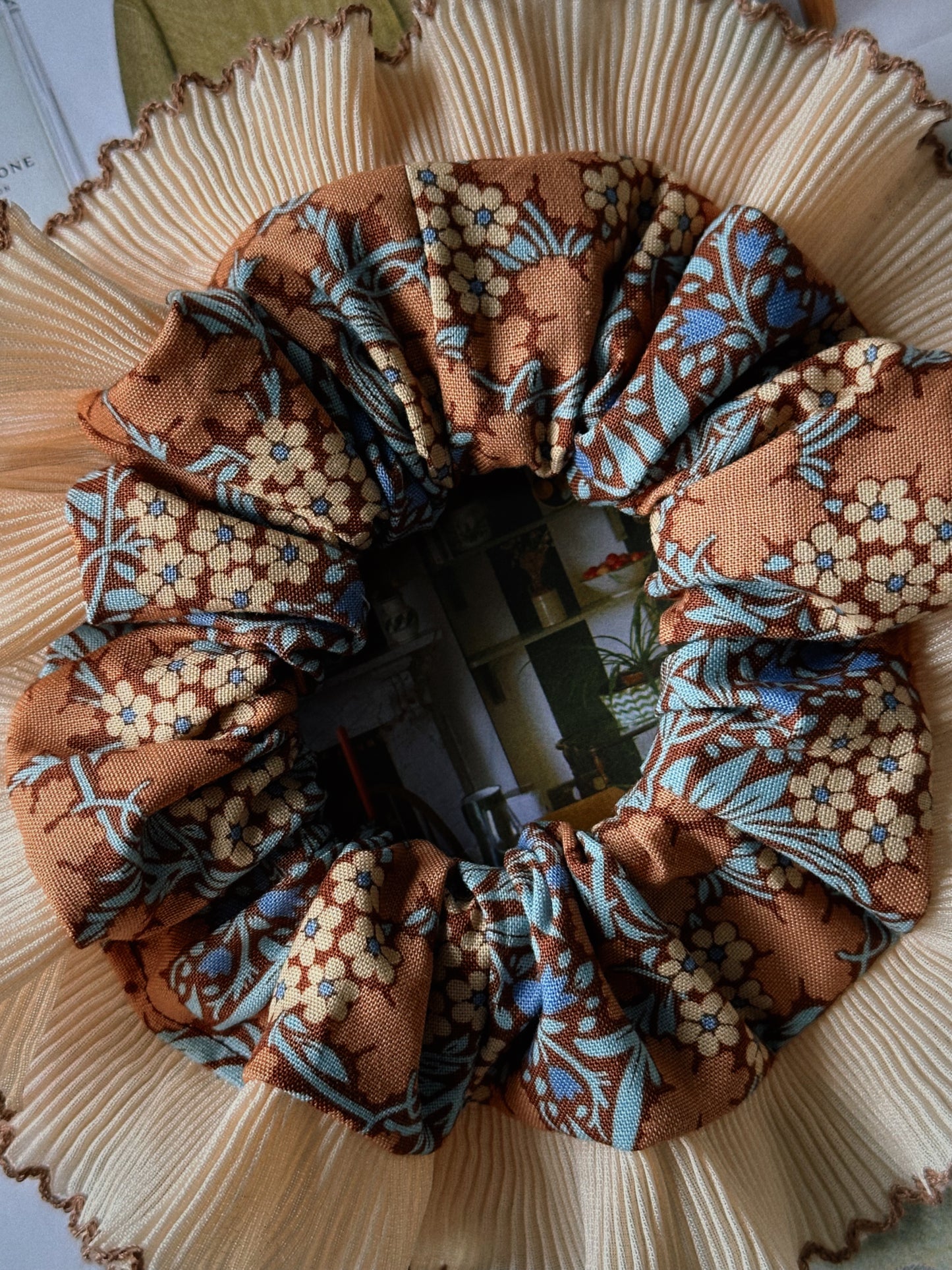 XL Brown Floral Scrunchie with Cream and Brown Frill Trim