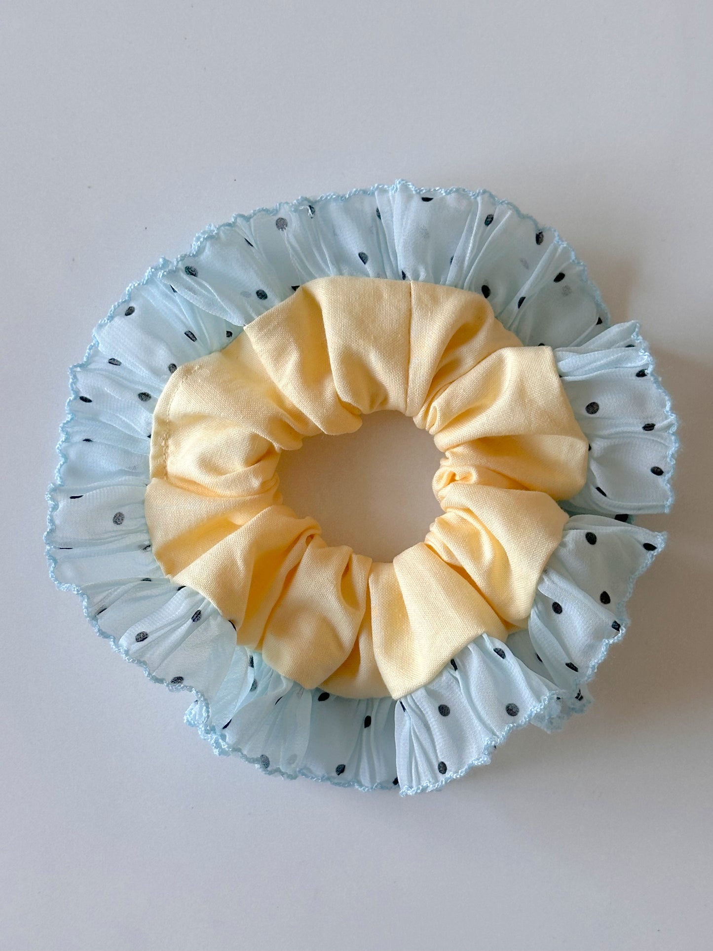 Oversized Butter Yellow  Scrunchie with Blue Polkadot Trim