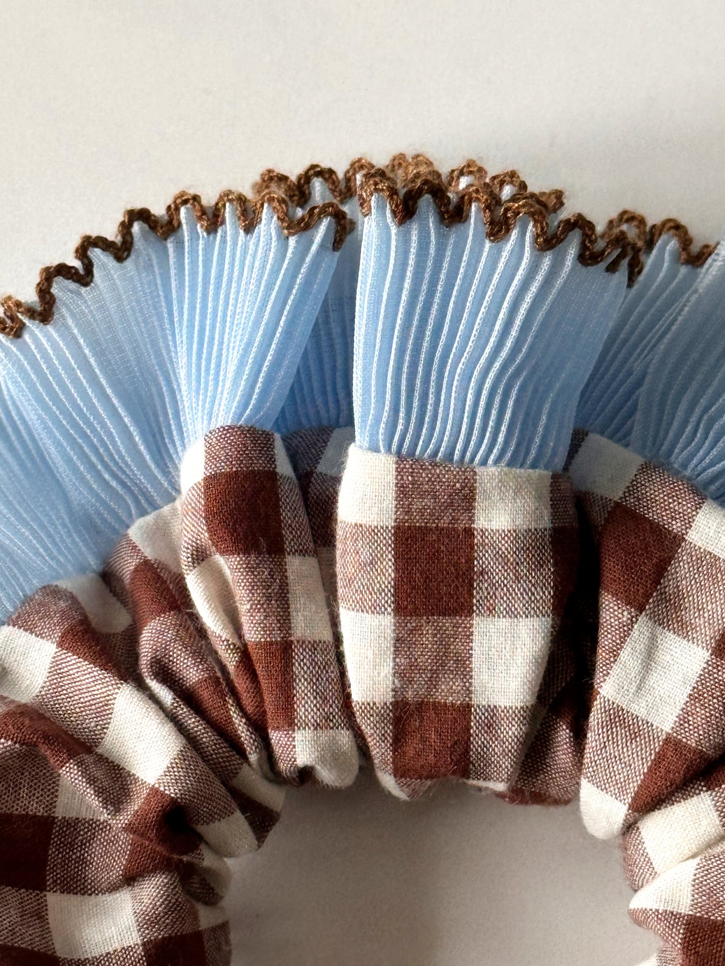 Handmade XL Brown Gingham Scrunchie with Blue and Brown Frill Trim