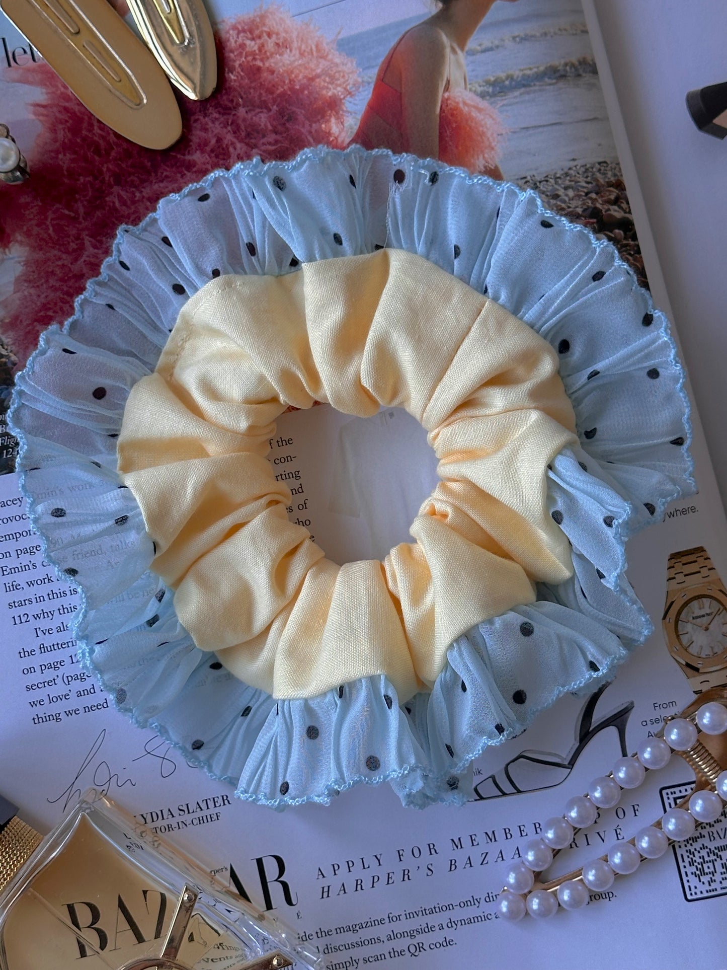 Oversized Butter Yellow  Scrunchie with Blue Polkadot Trim