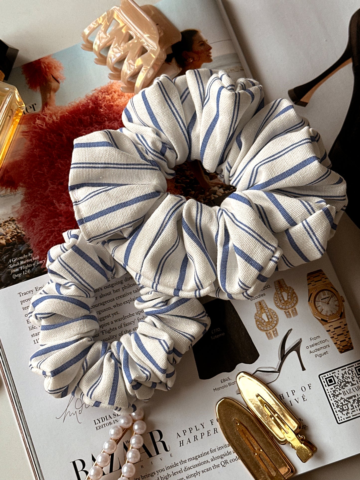 Blue & White Striped Linen Scrunchie