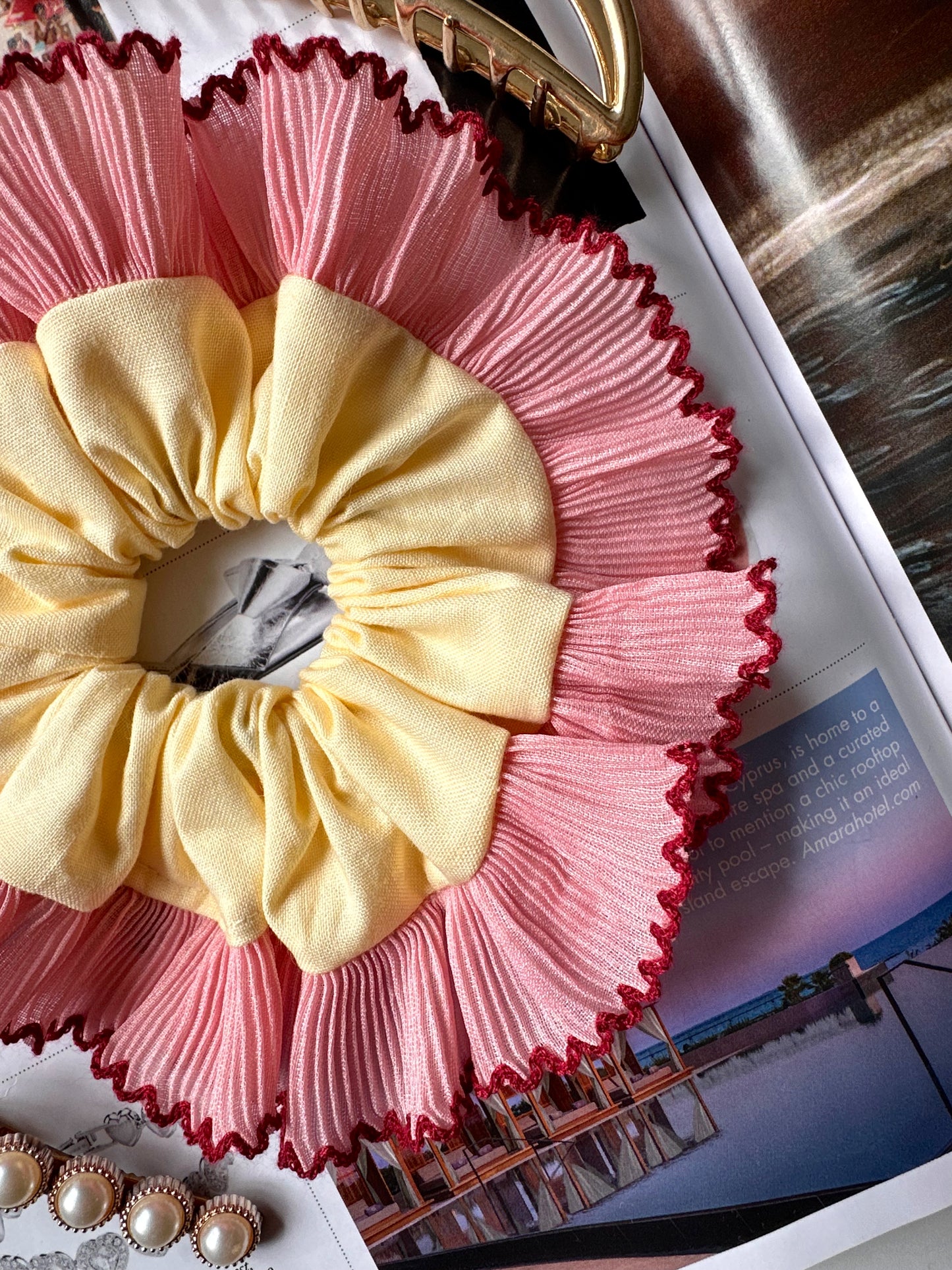 Mini Oversized Butter Yellow Scrunchie with Pink Frill Trim
