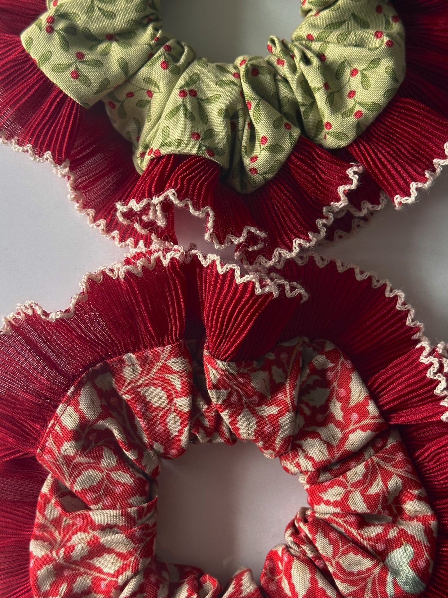 Red Christmas Print Scrunchie with Red and White Frill Trim