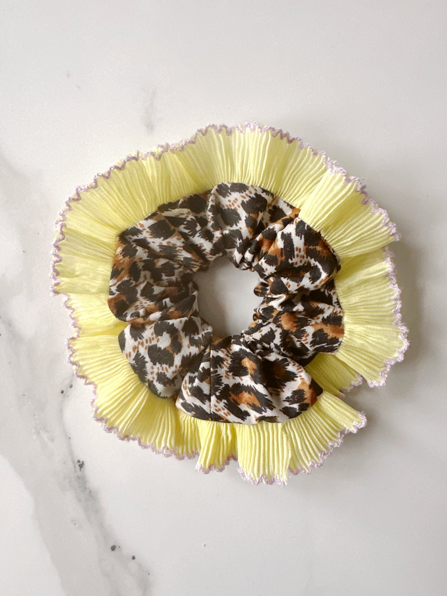 Mini Oversized Leopard Print Scrunchie with a Yellow Frill Trim