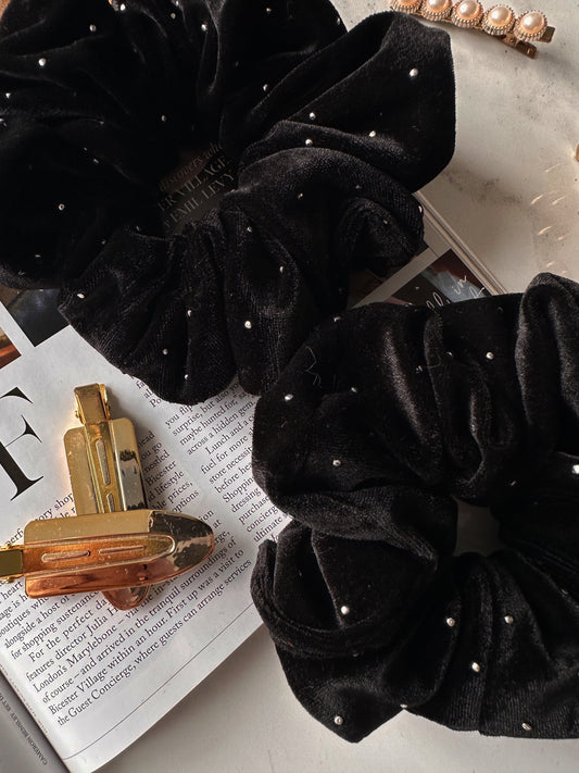 Oversized Black Velvet Scrunchie with Silver Detail