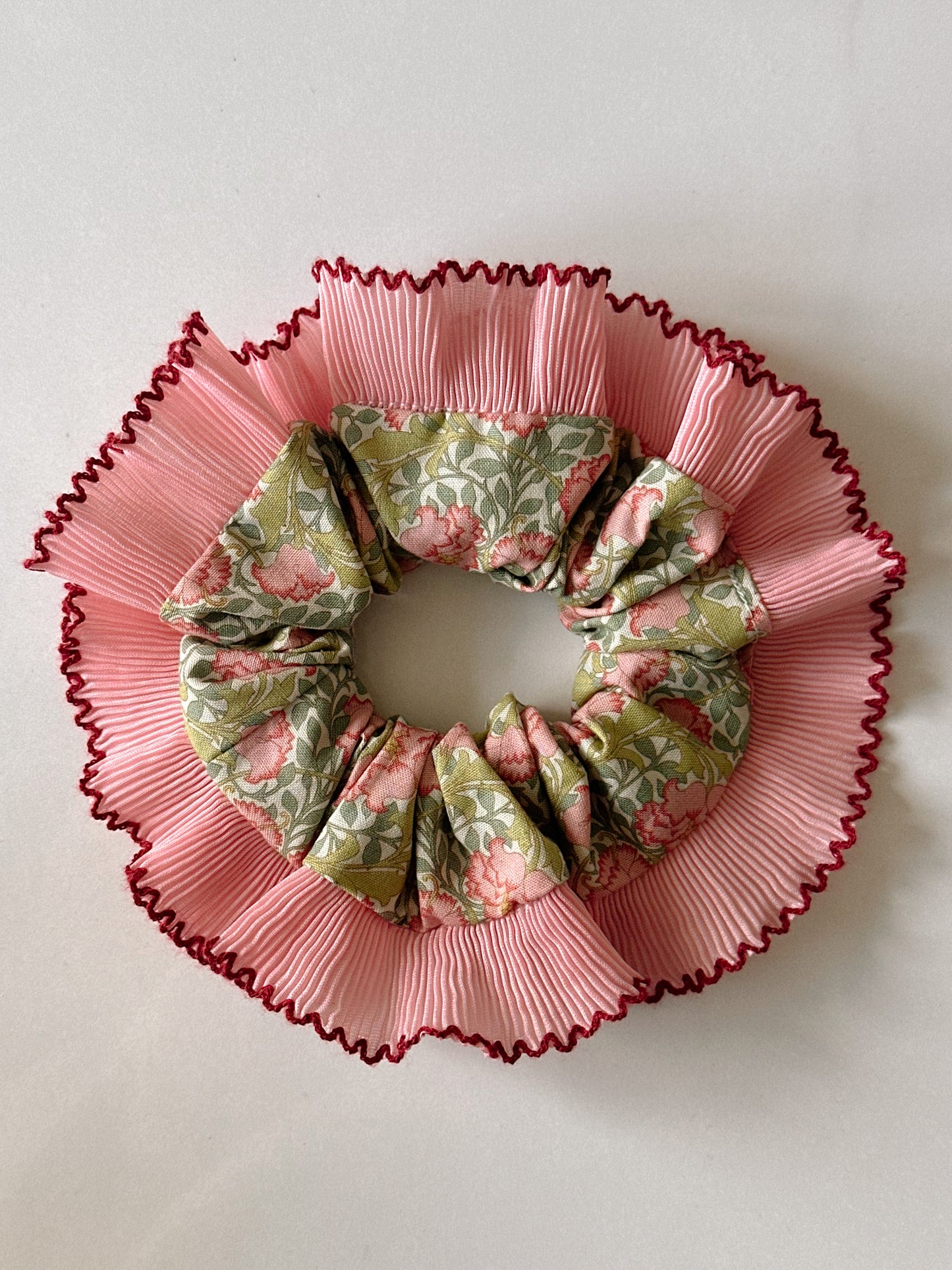 XL Victorian Floral Scrunchie with Pink and Red Frill Trim