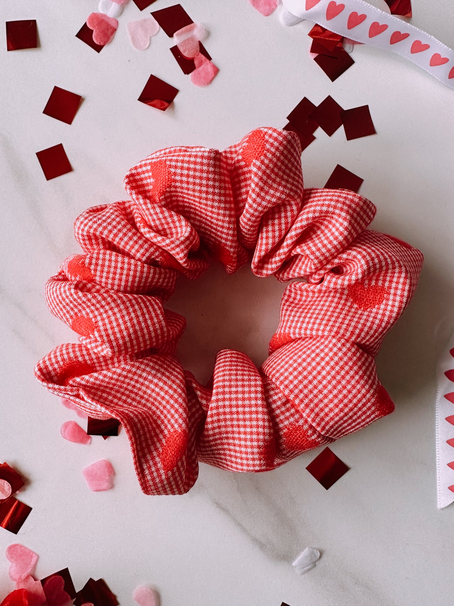 Valentines Gingham and Heart Print Scrunchie