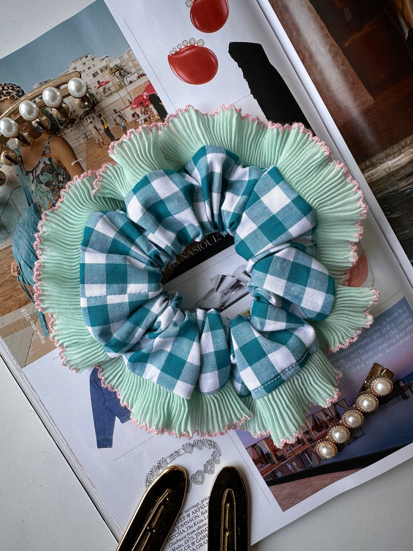 Teal Blue Gingham with Green and Pink Frill Trim