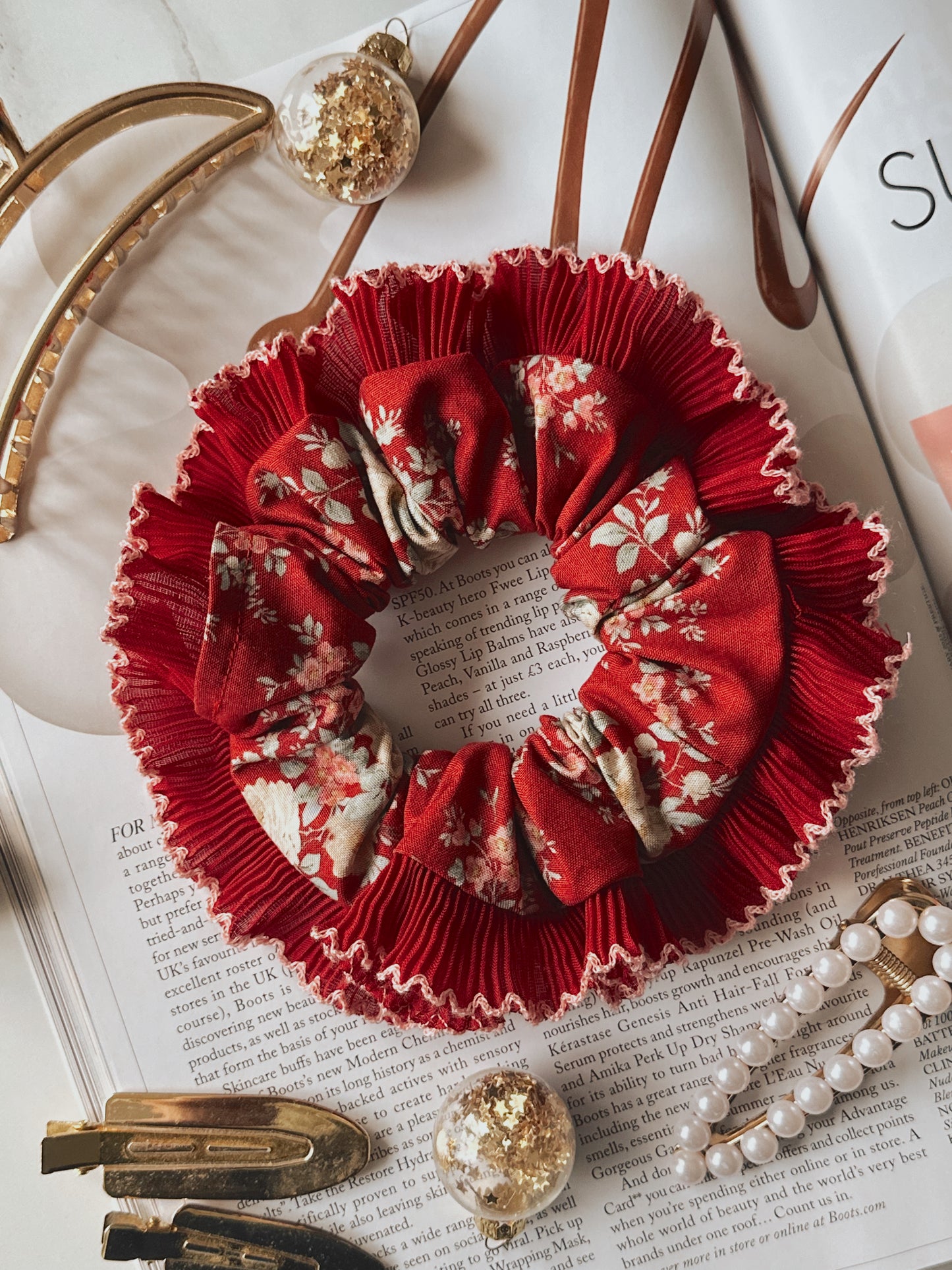 Red Floral Scrunchie with Red and Pink Frill Trim