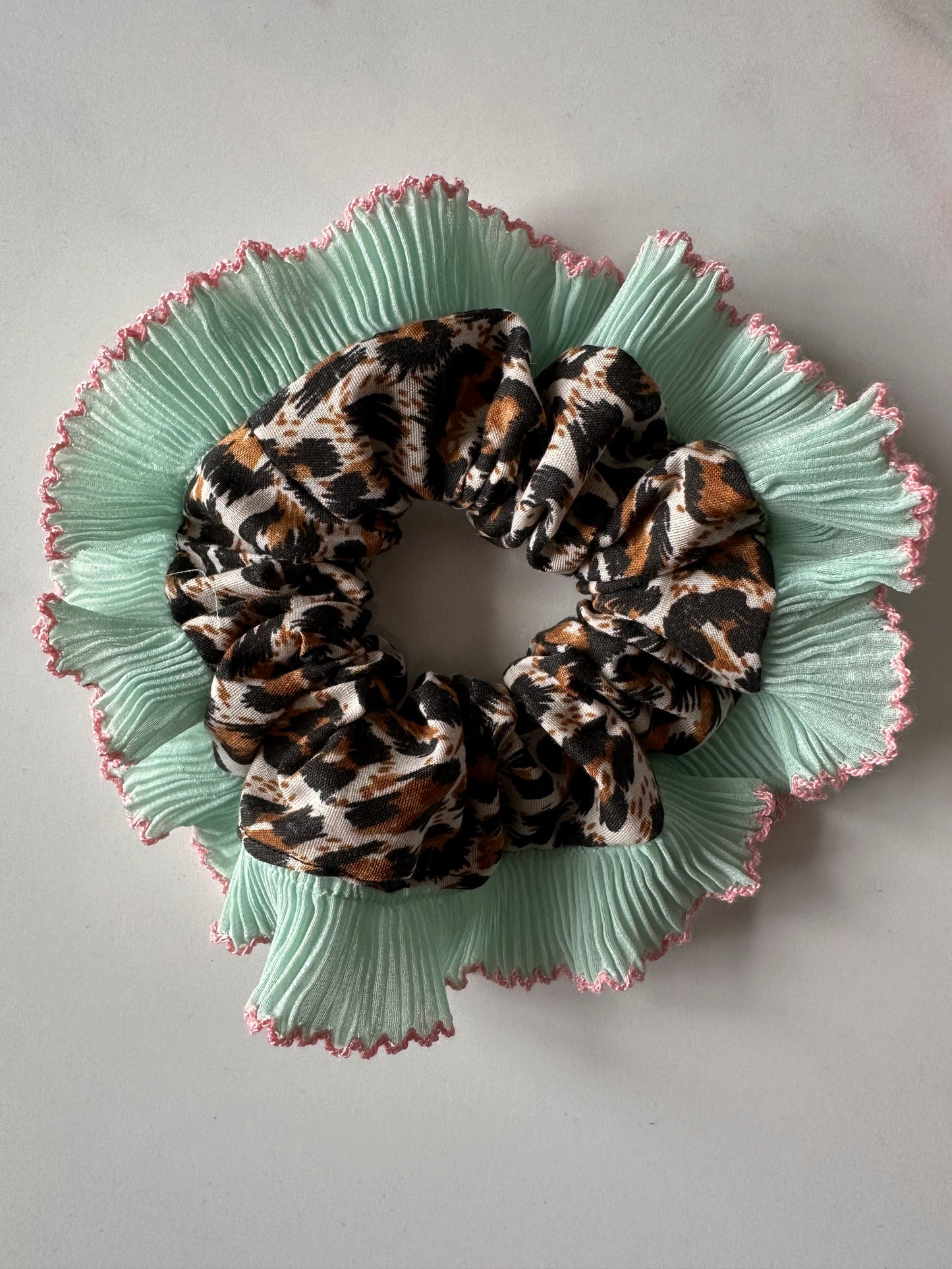 Mini Oversized Leopard Print Scrunchie with a Mint Green Frill Trim