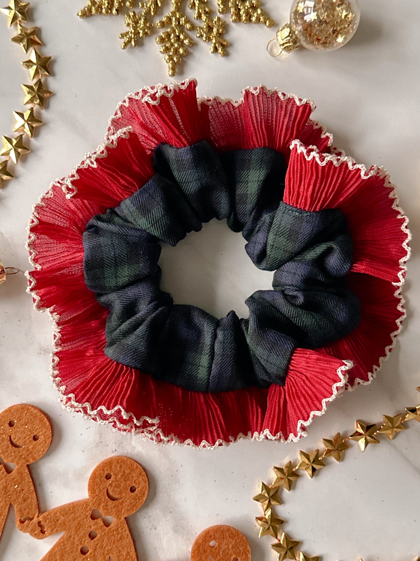 Blue and Green Tartan Scrunchie with Red and White Frill Trim