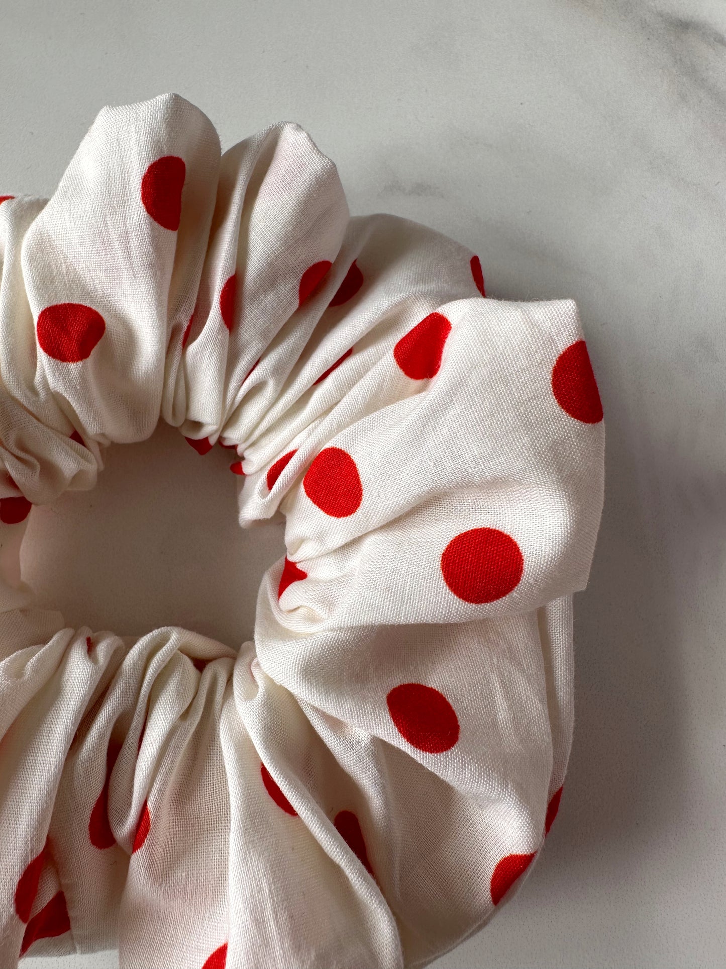 White and Red Polkadot Scrunchie