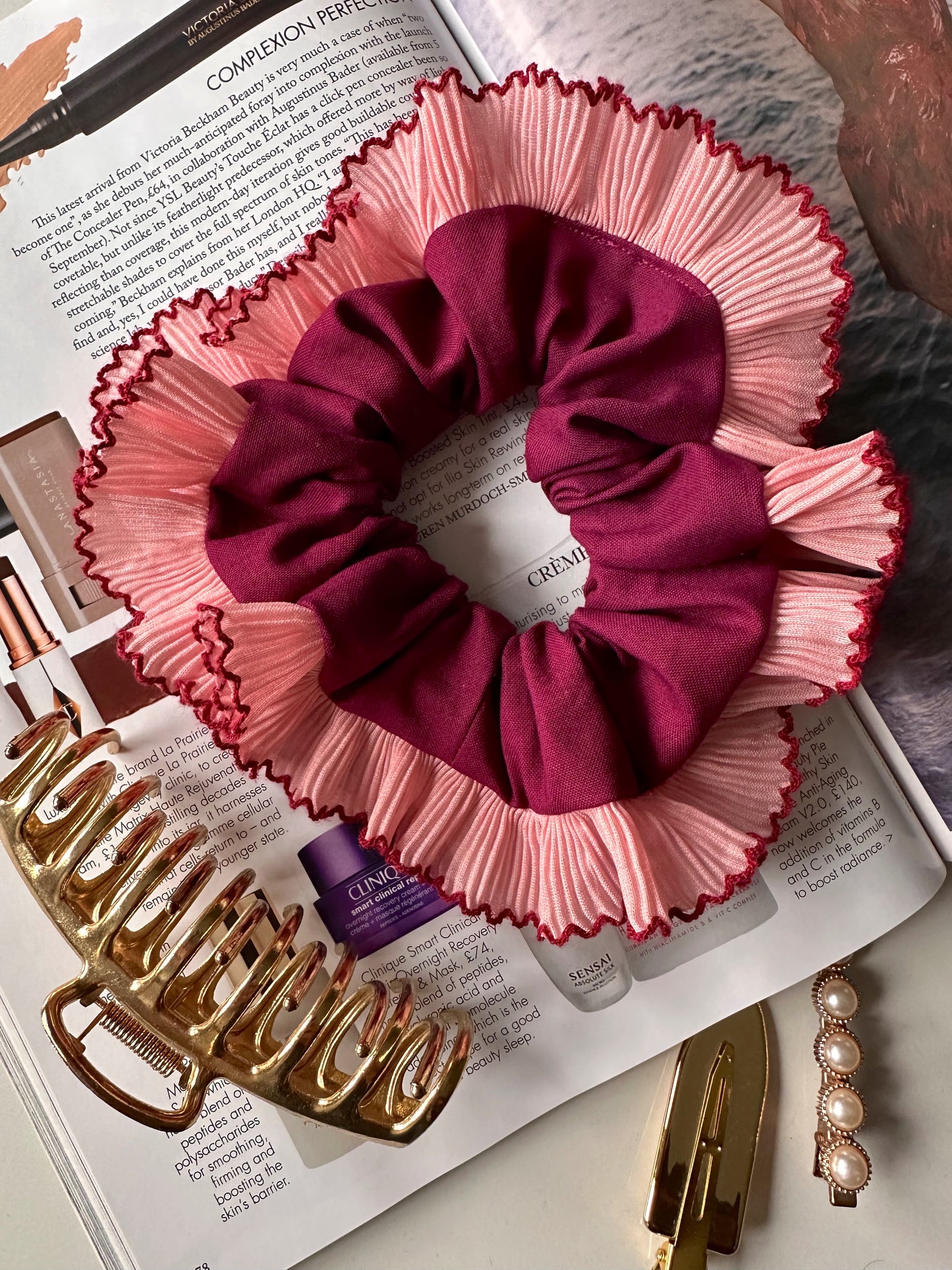 XL Purple Scrunchie with Pink Frill Trim