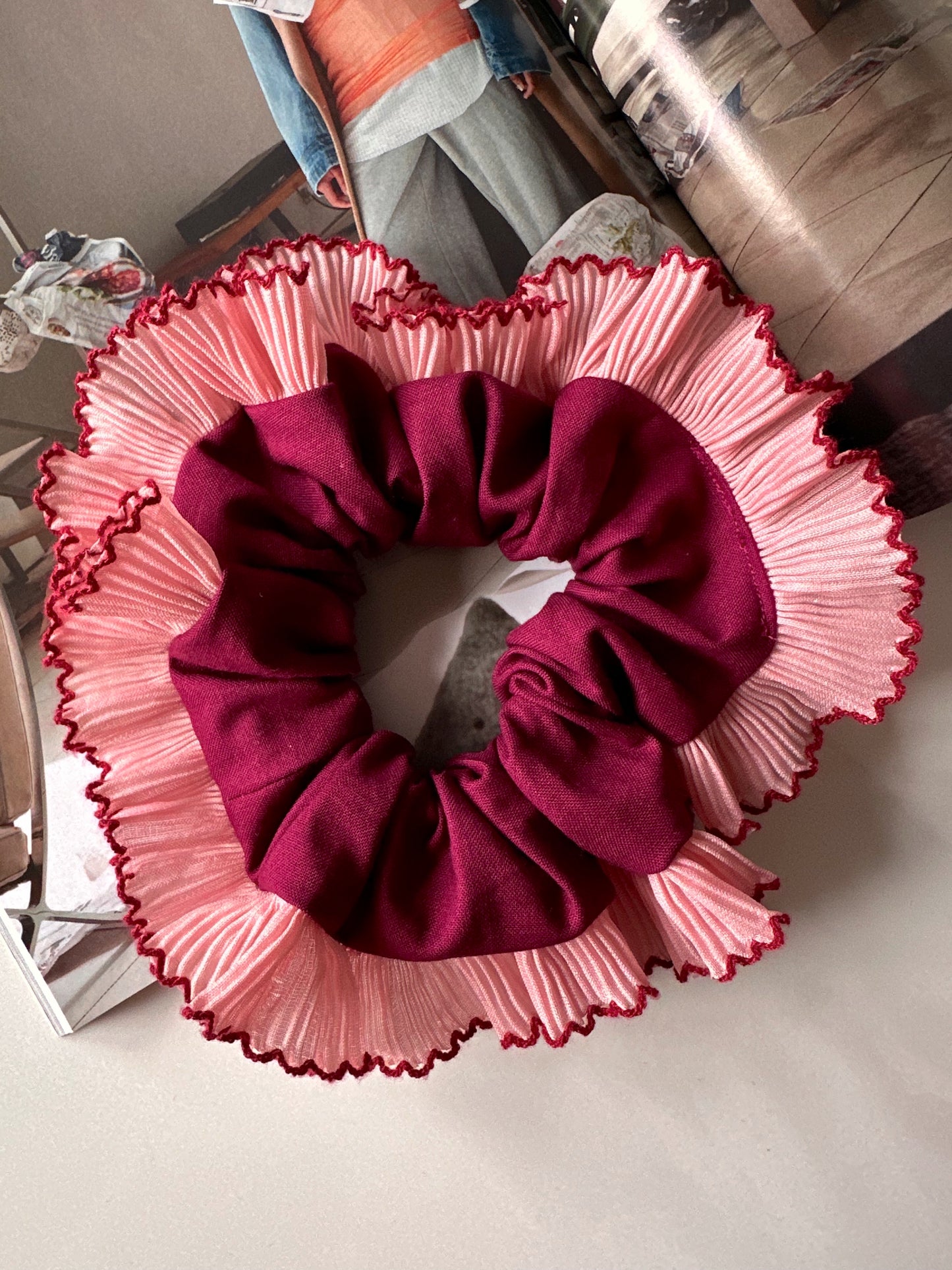 XL Purple Scrunchie with Pink Frill Trim