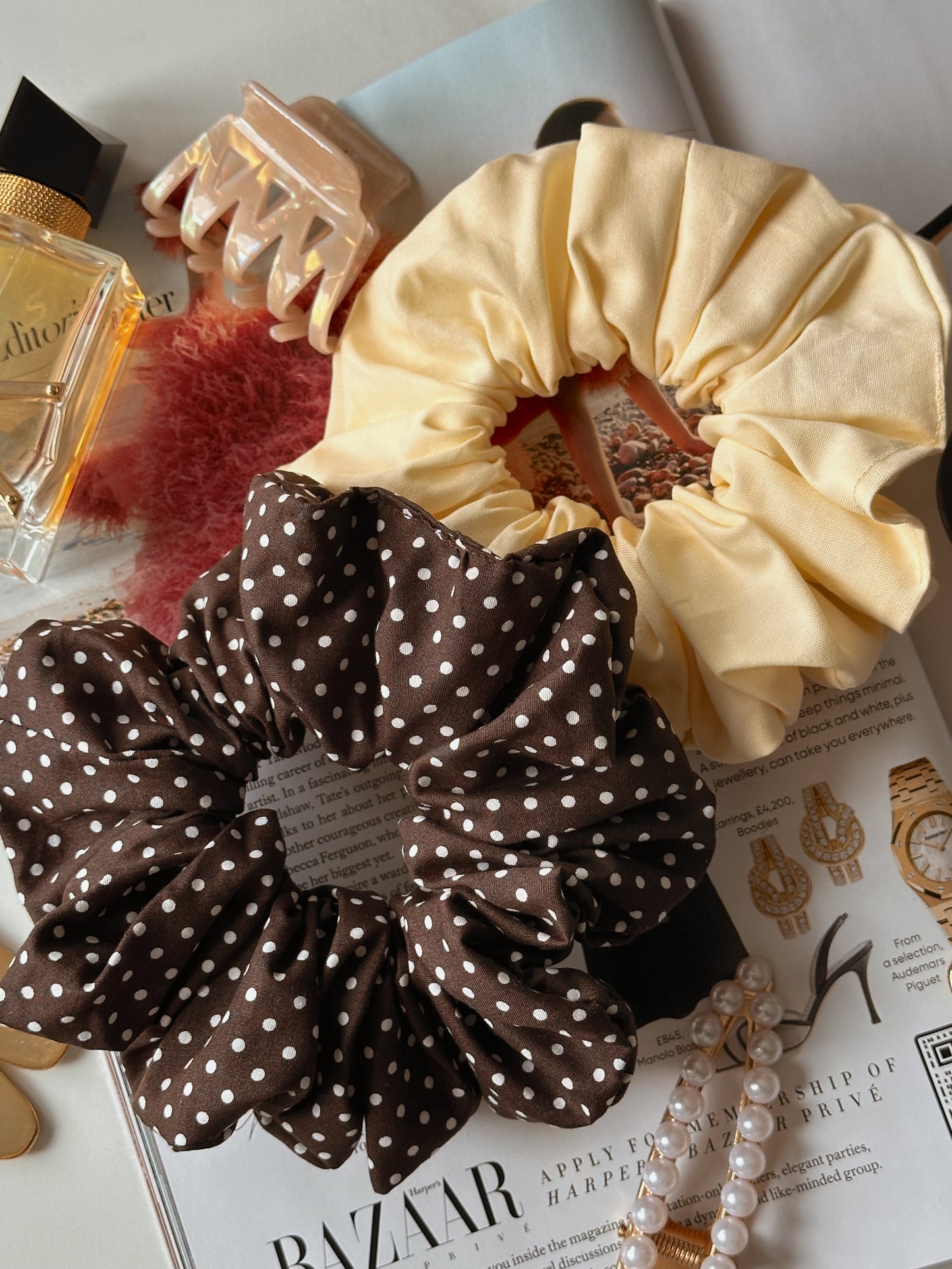 Brown Polkadot & Butter Yellow Scrunchie Duo