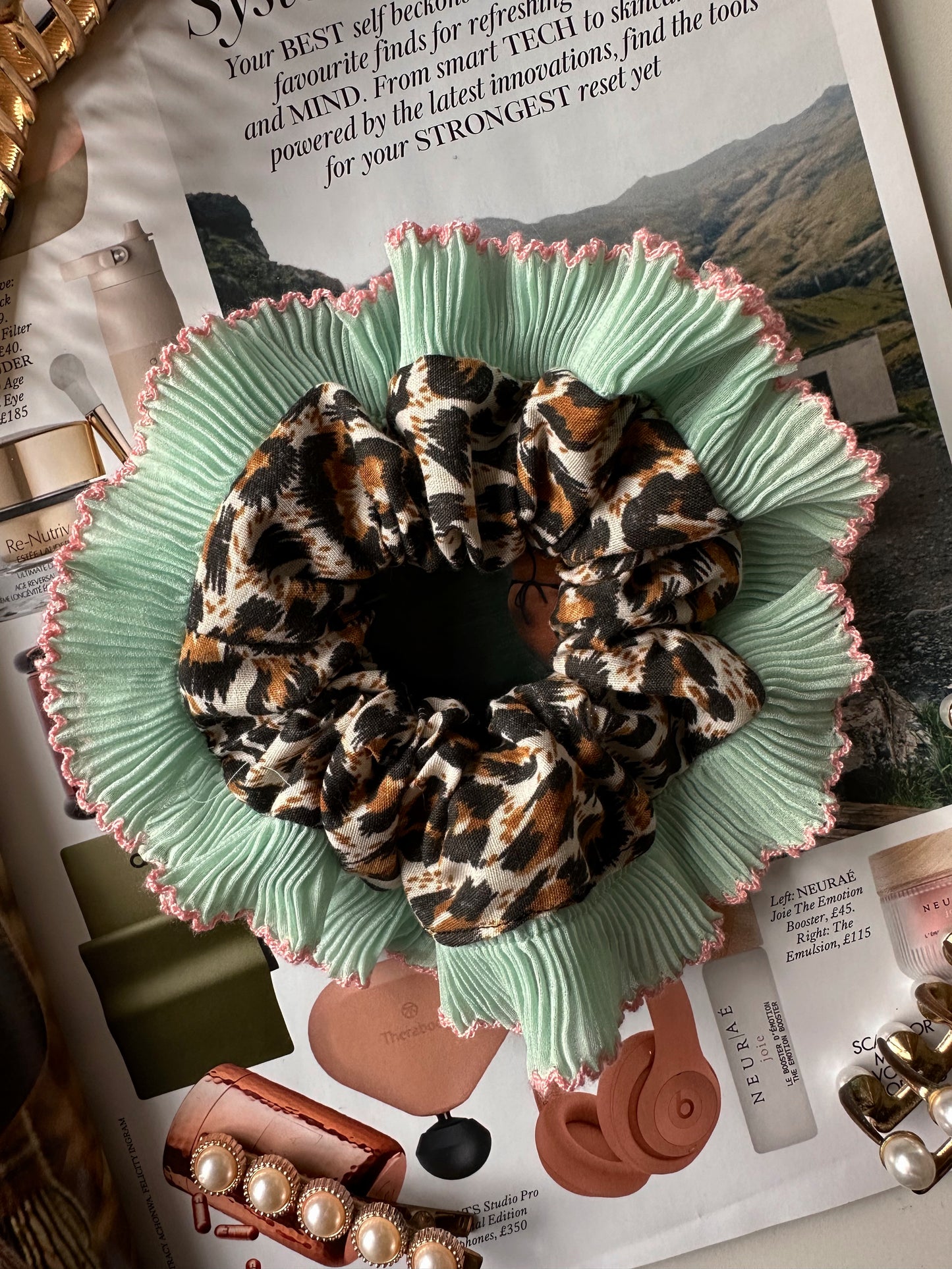 Mini Oversized Leopard Print Scrunchie with a Mint Green Frill Trim