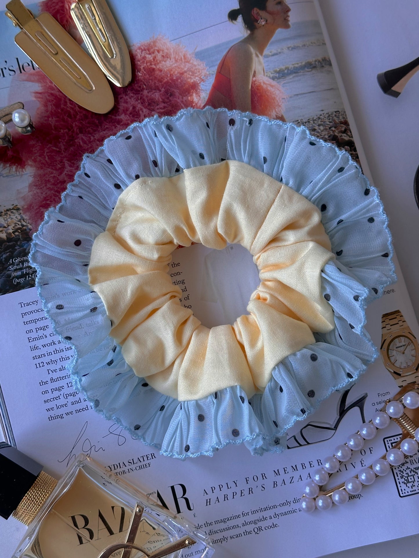 Oversized Butter Yellow  Scrunchie with Blue Polkadot Trim