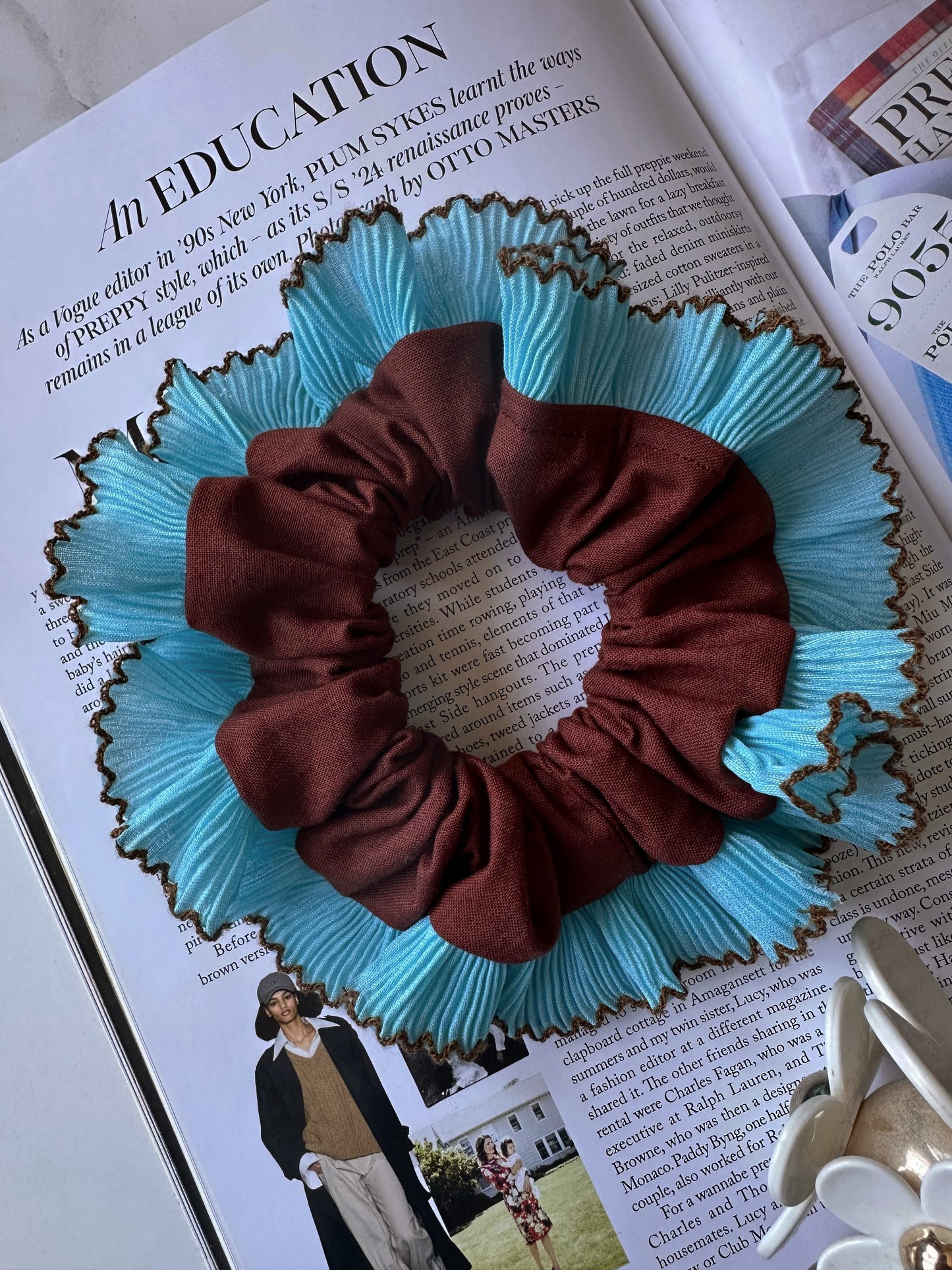 Handmade XL Chocolate Brown Scrunchie with Blue and Brown Frill Trim