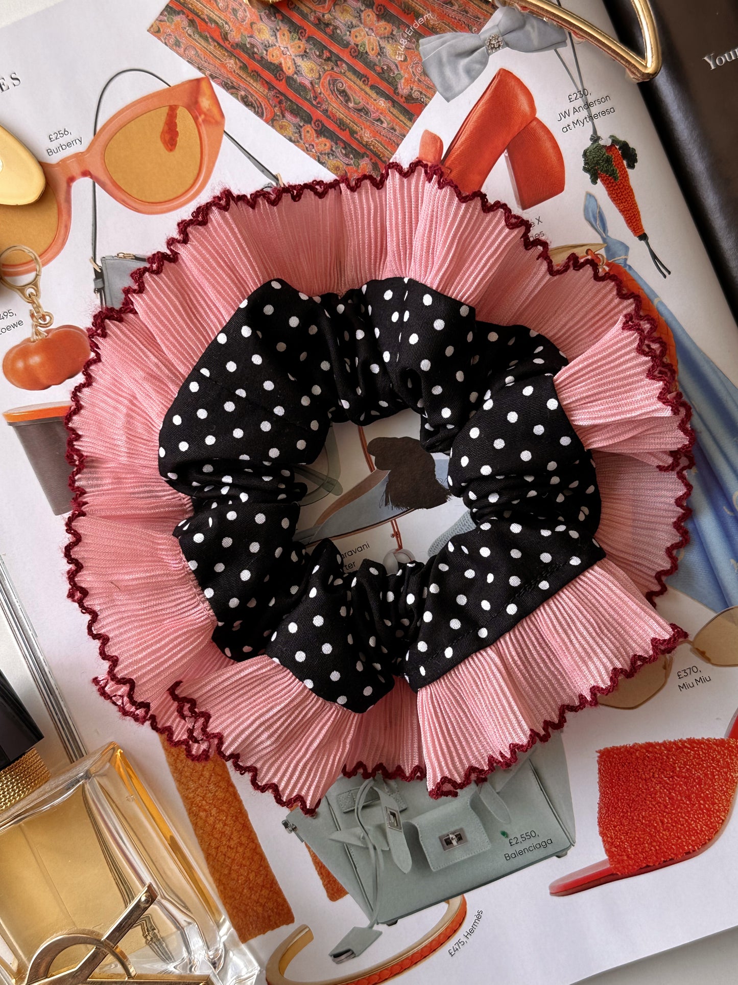 Oversized Black Polkadot Scrunchie with Pink Frill Trim