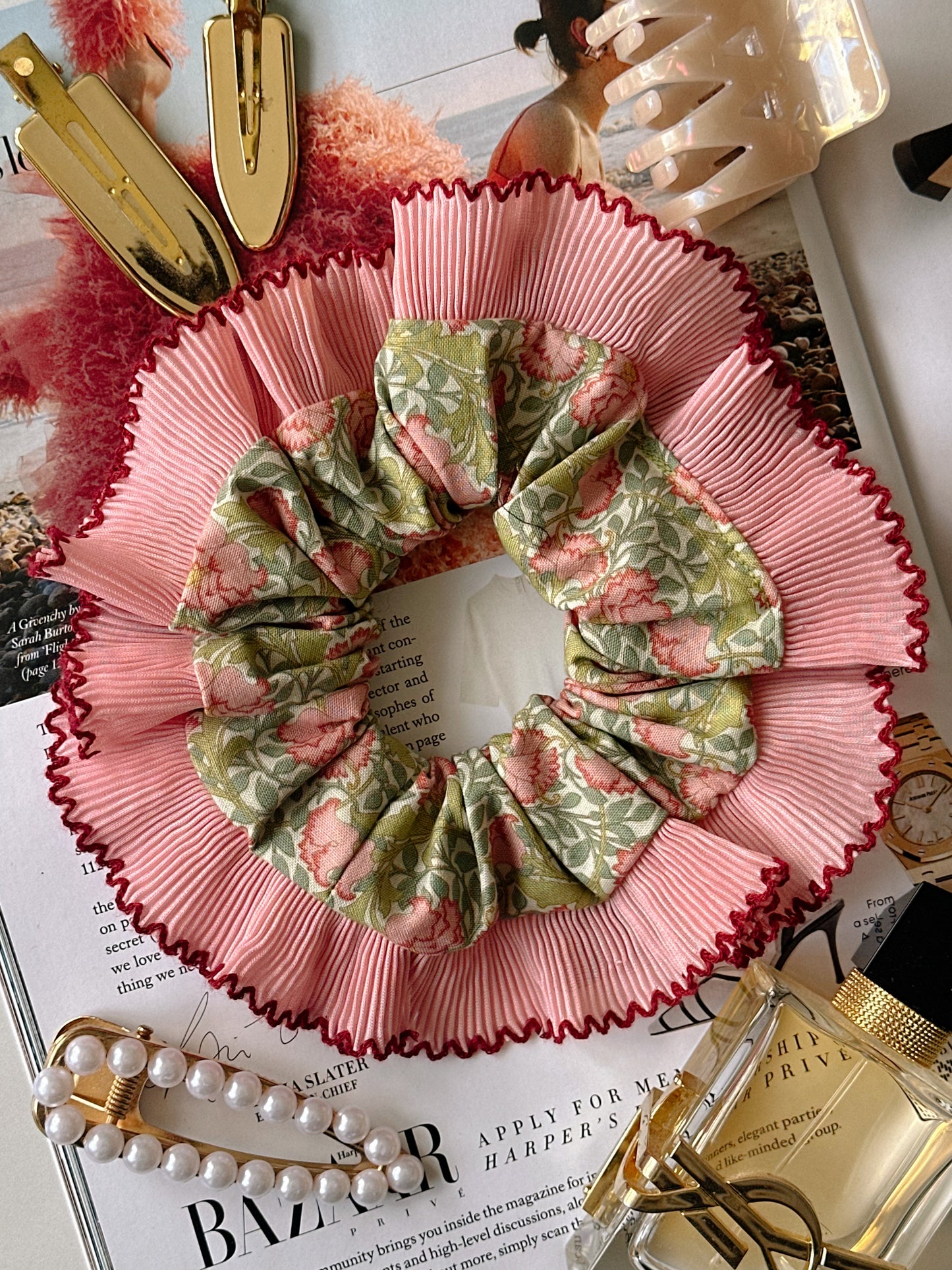 XL Victorian Floral Scrunchie with Pink and Red Frill Trim