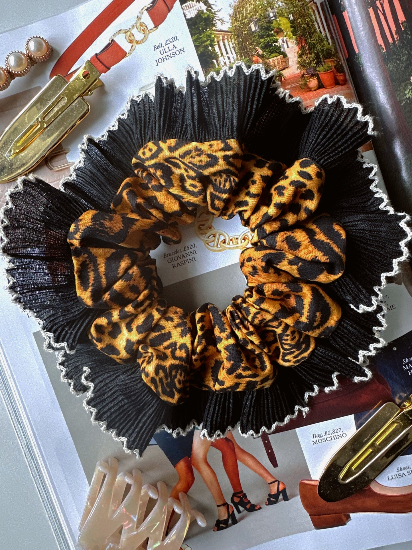 Handmade XL Leopard Print Scrunchie with Black Frill Trim