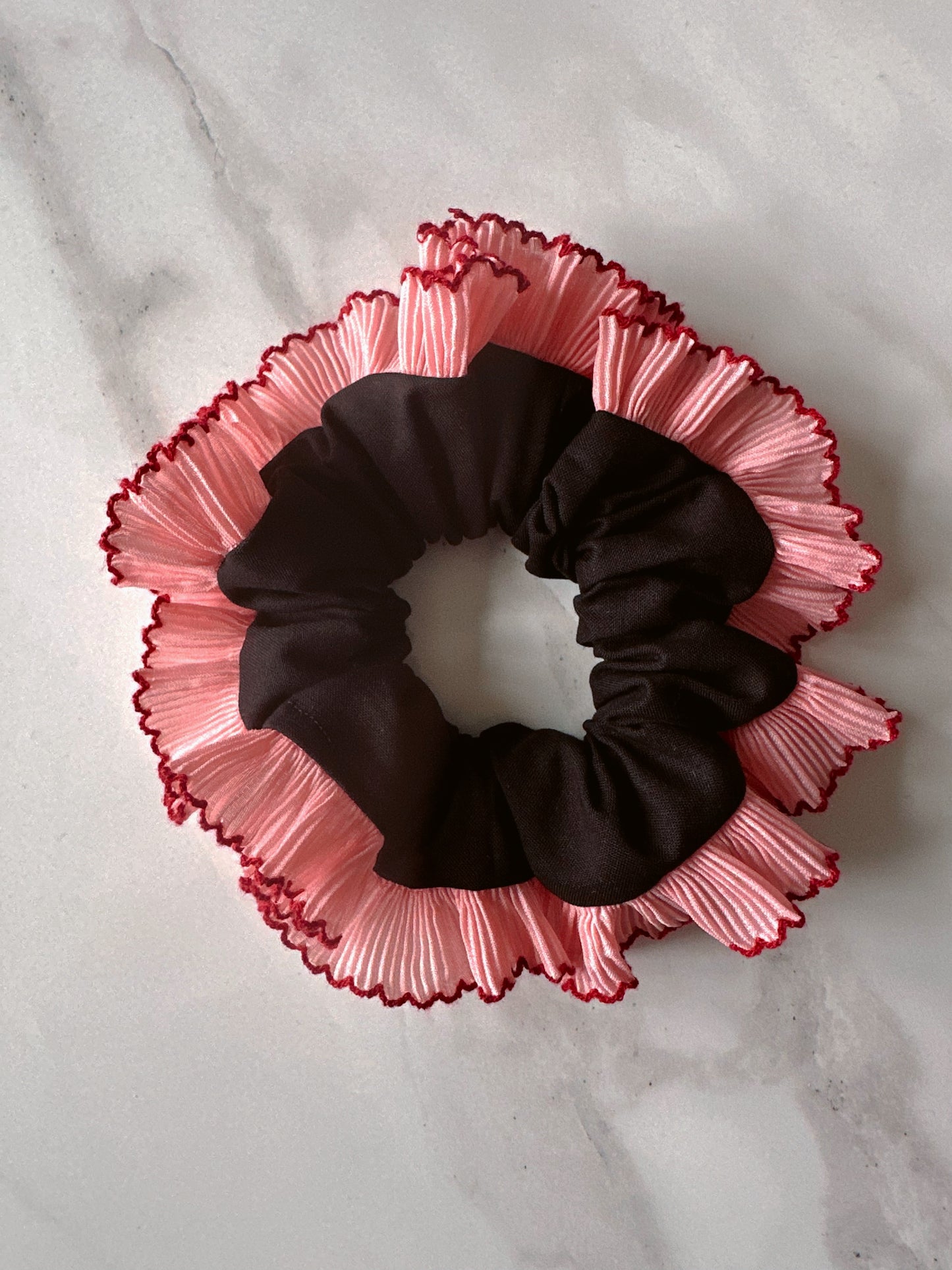 Handmade XL Black Cotton Scrunchie with Pink Frill Trim