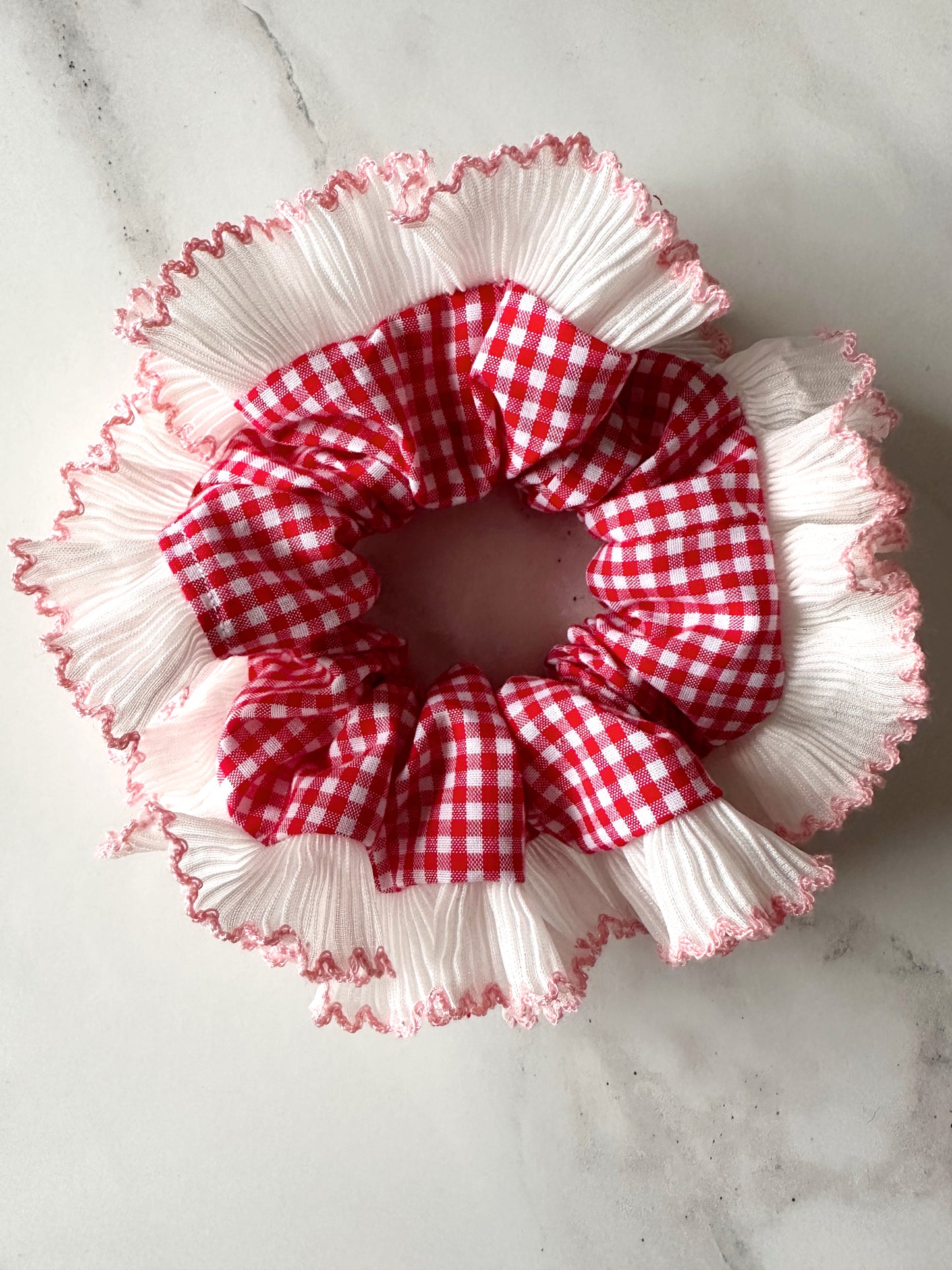 Handmade XL Red Gingham Scrunchie with White and Pink Frill Trim