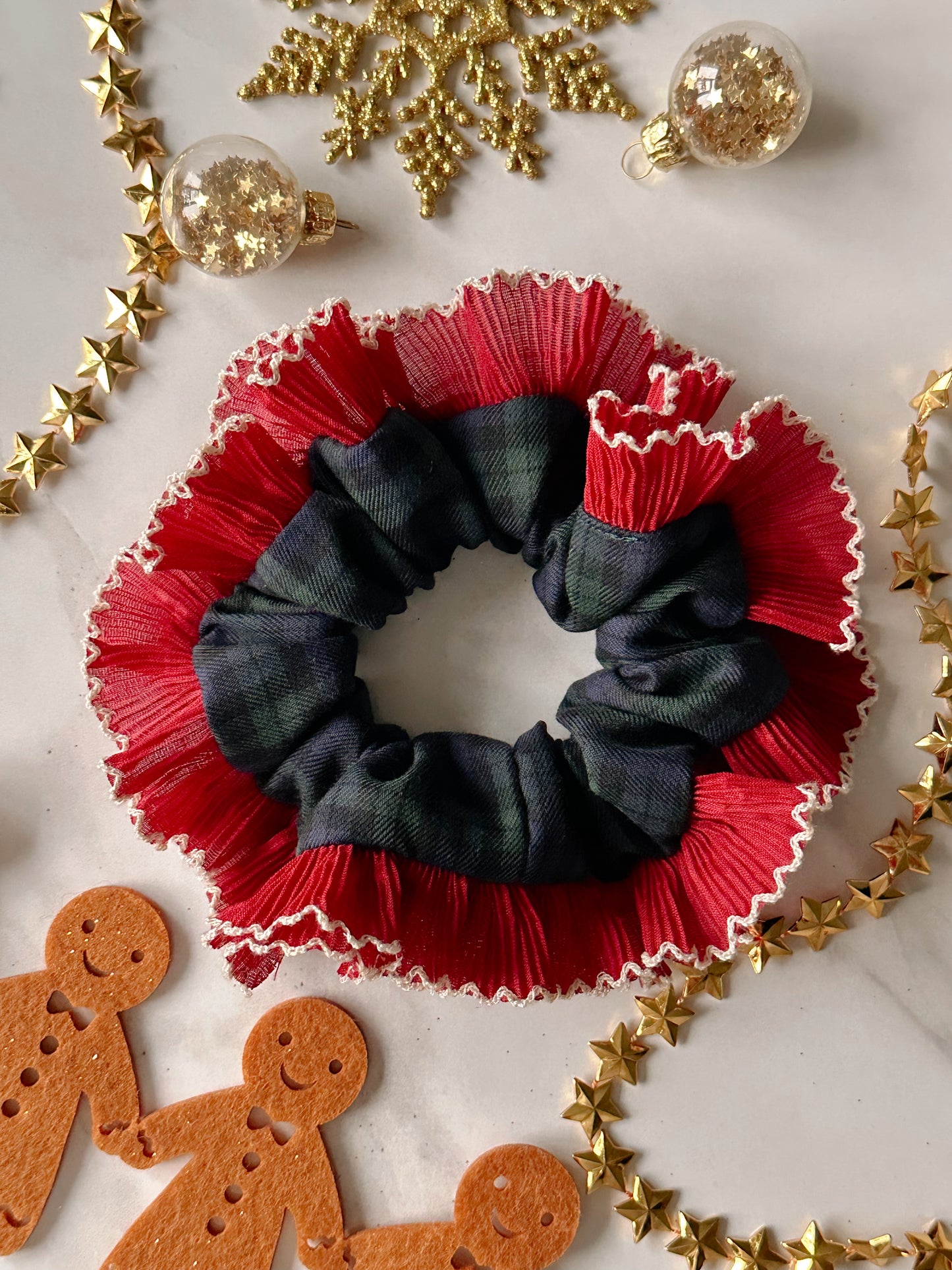 Blue and Green Tartan Scrunchie with Red and White Frill Trim