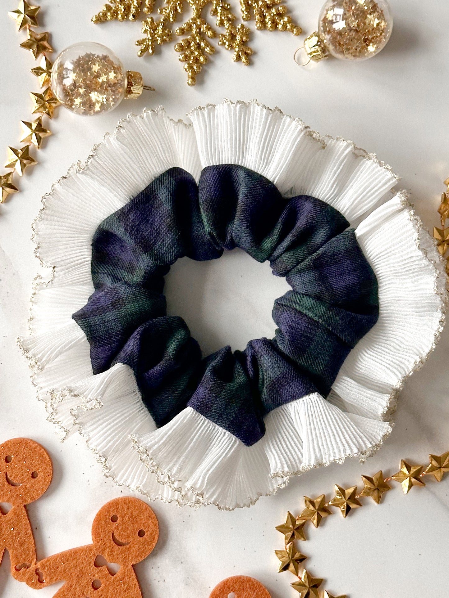 Blue and Green Tartan Scrunchie with White and Gold Frill Trim
