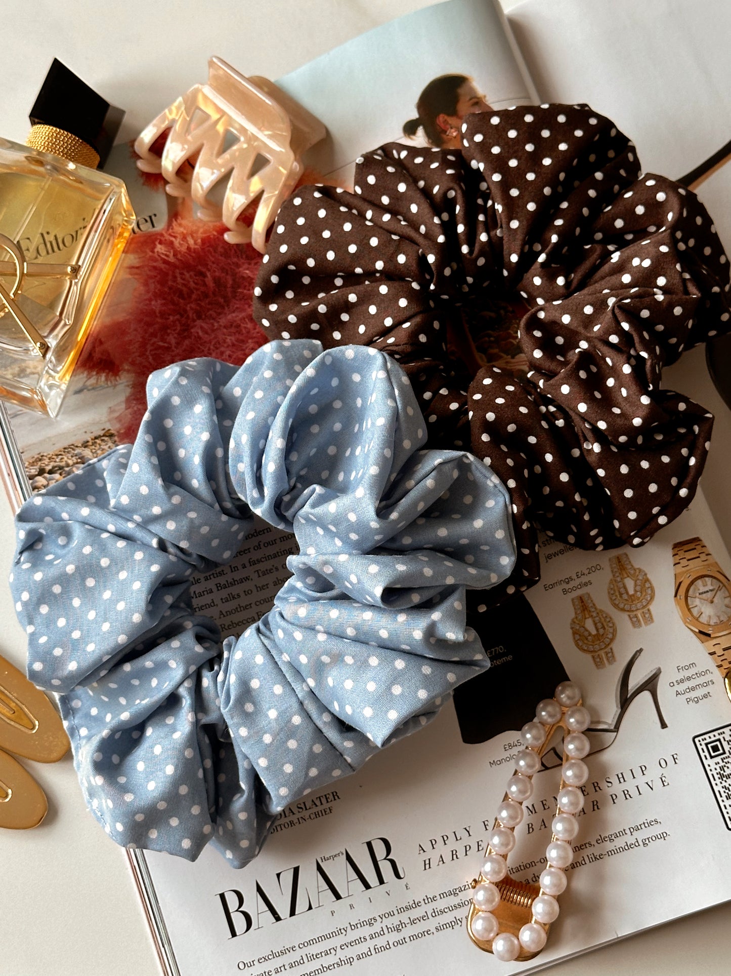 Baby Blue Polkadot & Brown Polkadot Scrunchie Duo
