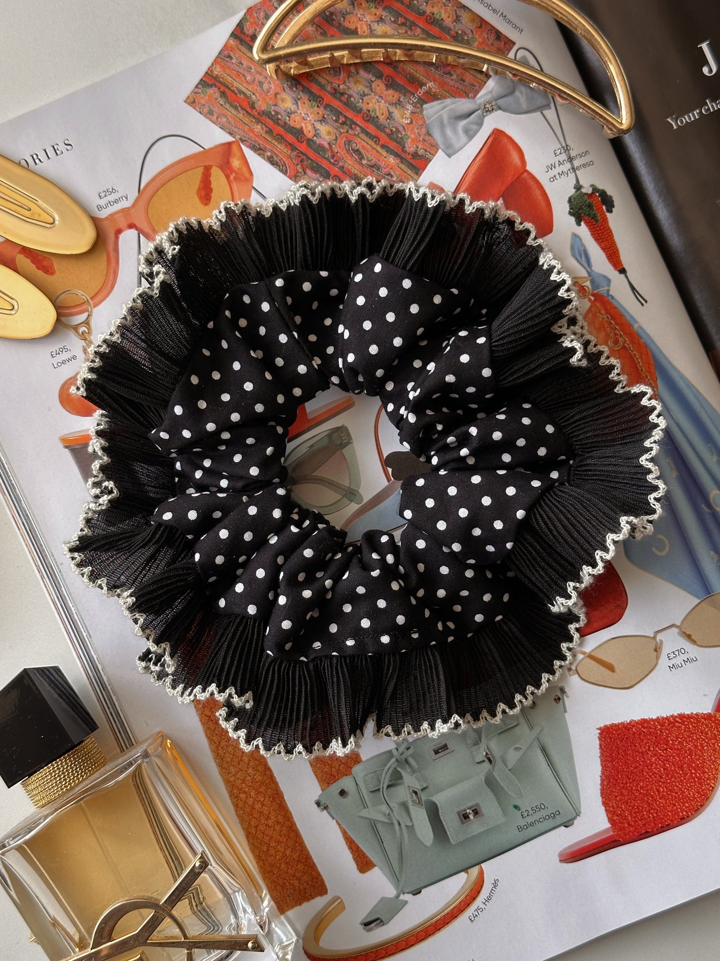 Oversized Black Polkadot Scrunchie with Black Frill Trim