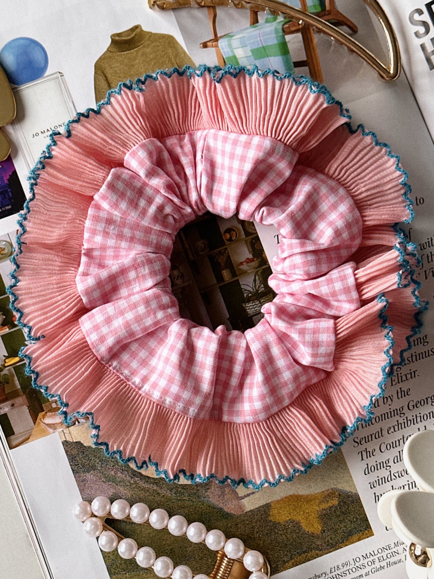 XL Pink Gingham Scrunchie with Pink and Blue Frill Trim