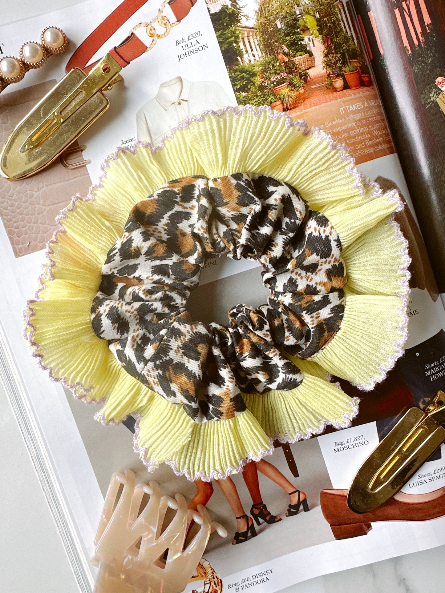 Mini Oversized Leopard Print Scrunchie with a Yellow Frill Trim