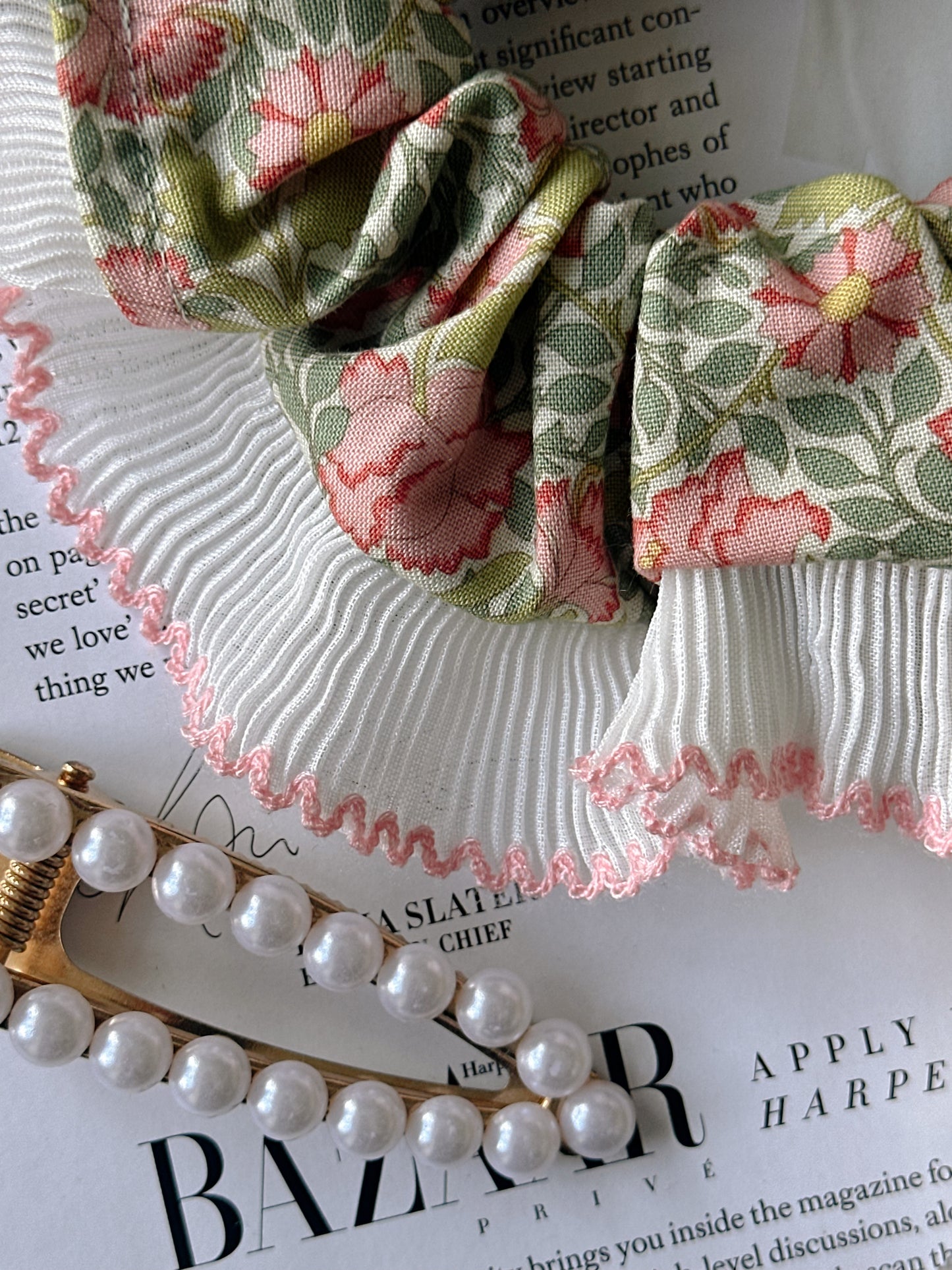XL Victorian Floral Scrunchie with White and Pink Frill Trim