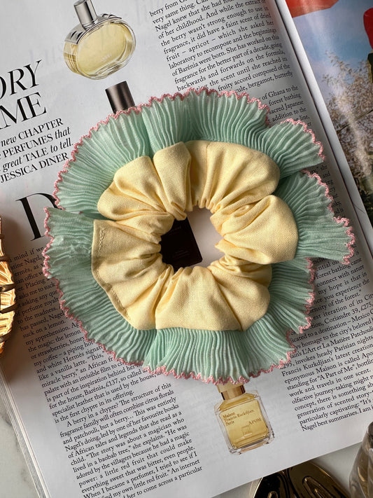 Mini Oversized Butter Yellow Scrunchie with Green Frill Trim