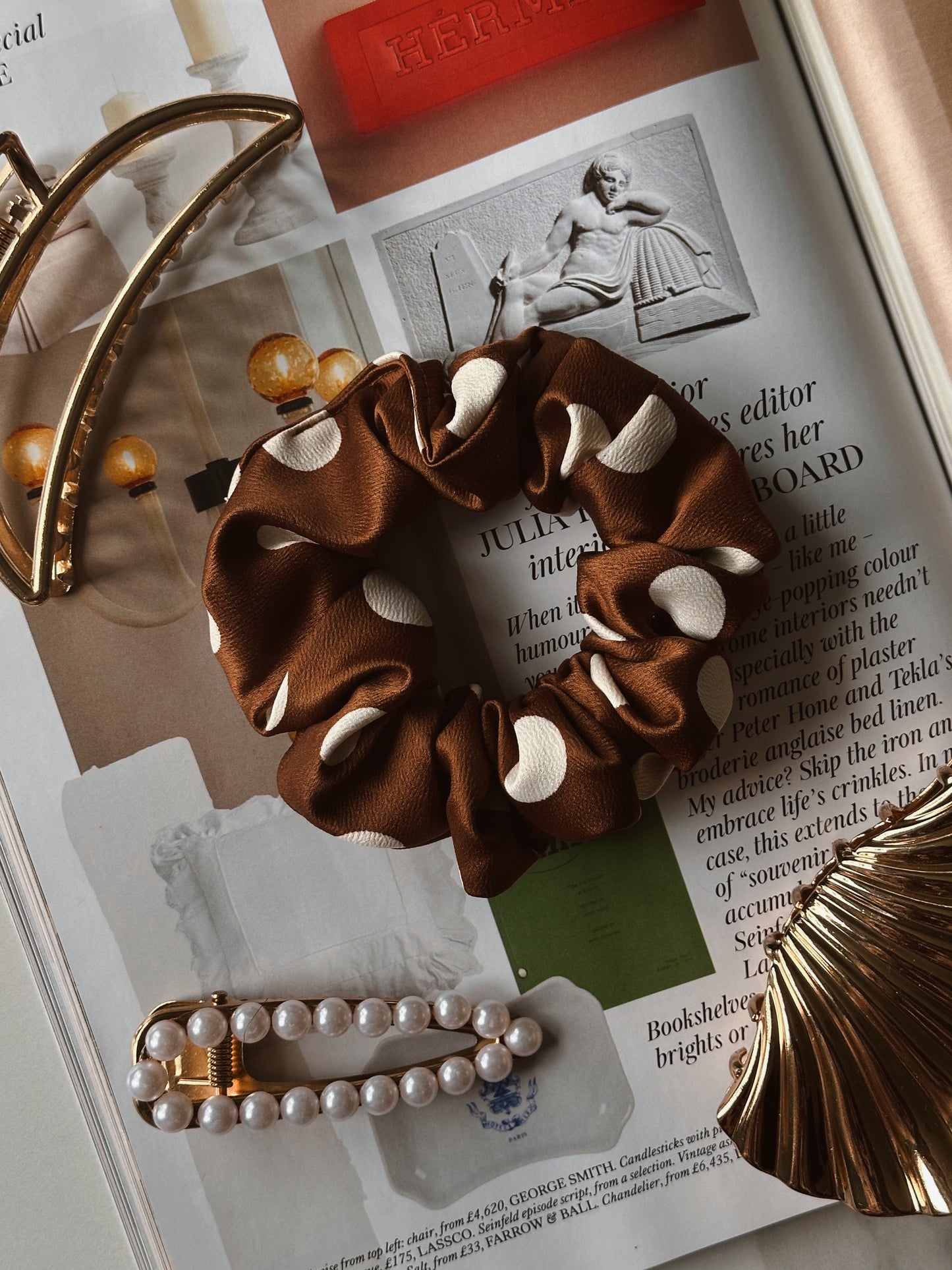 Brown and White Polkadot Satin Scrunchie
