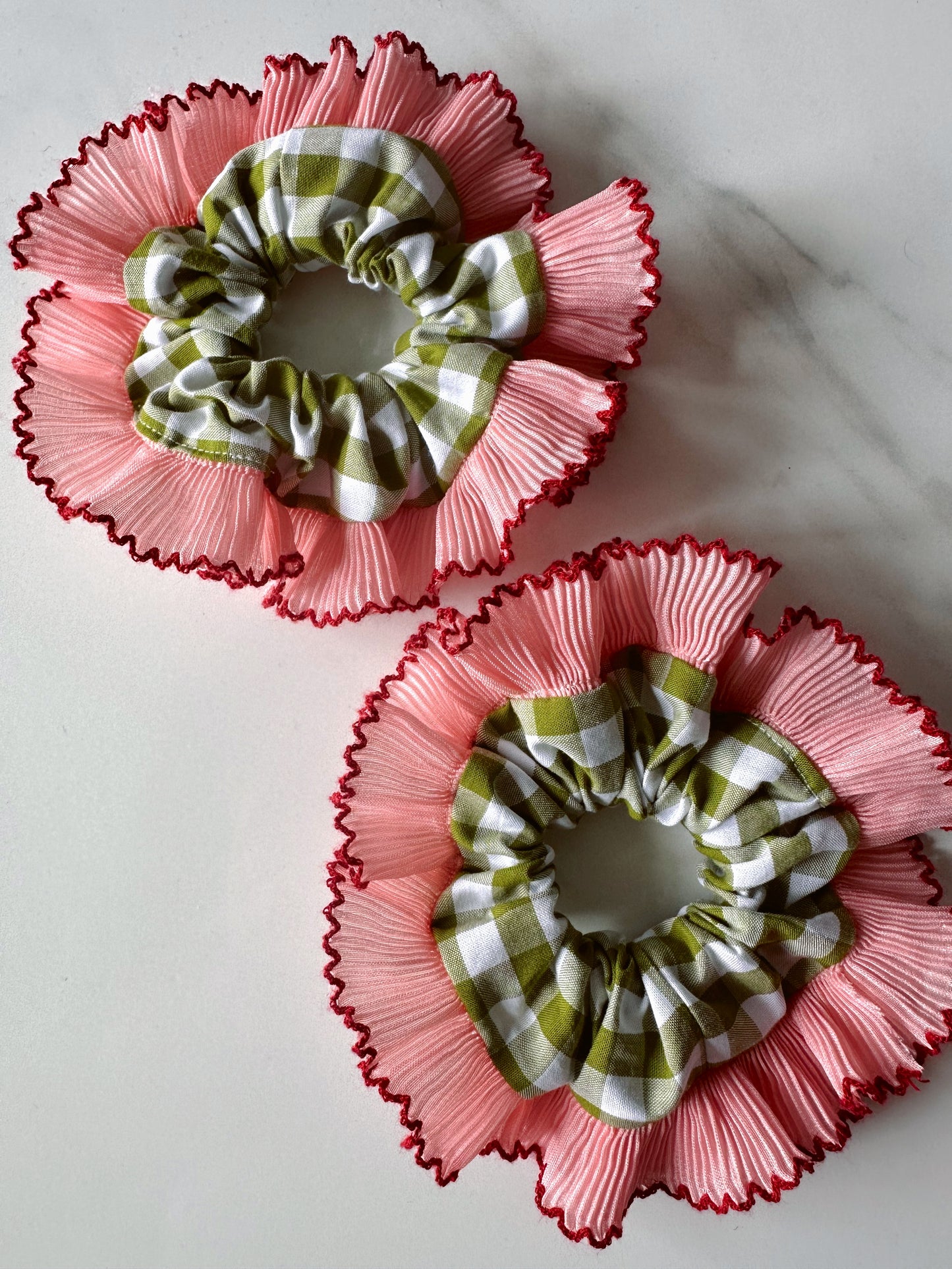 Mini Oversized Olive Green Gingham Scrunchie with Pink Frill Trim