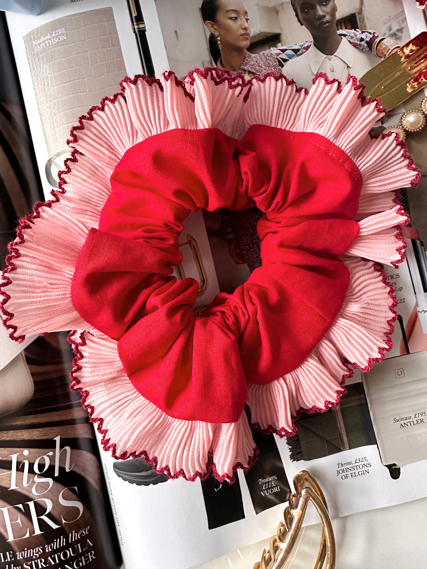 XL Red Scrunchie with Pink and Red Frill Trim