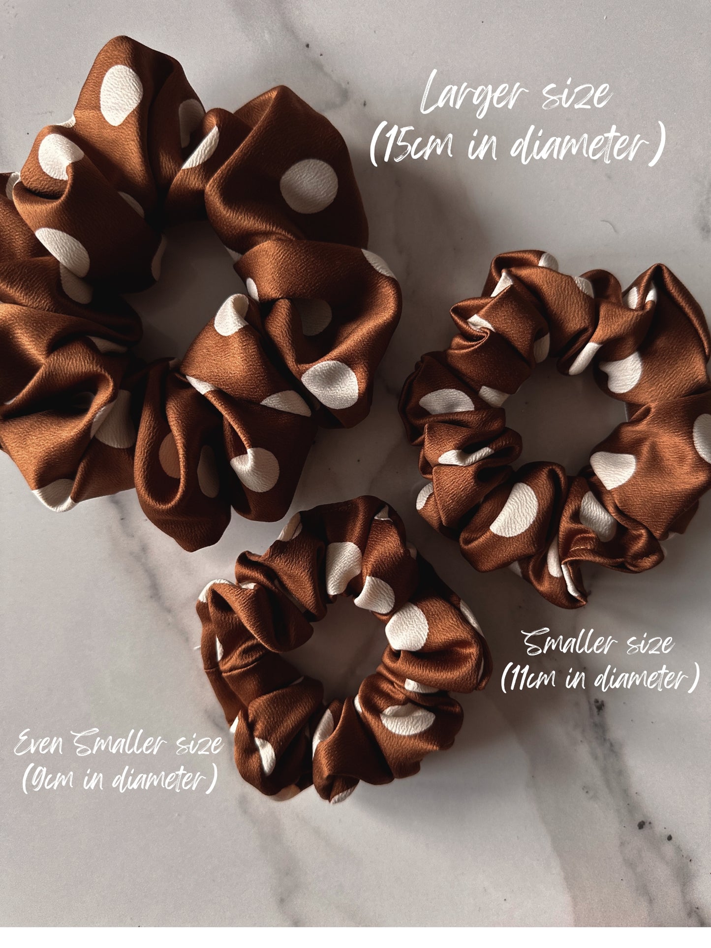 Brown and White Polkadot Satin Scrunchie